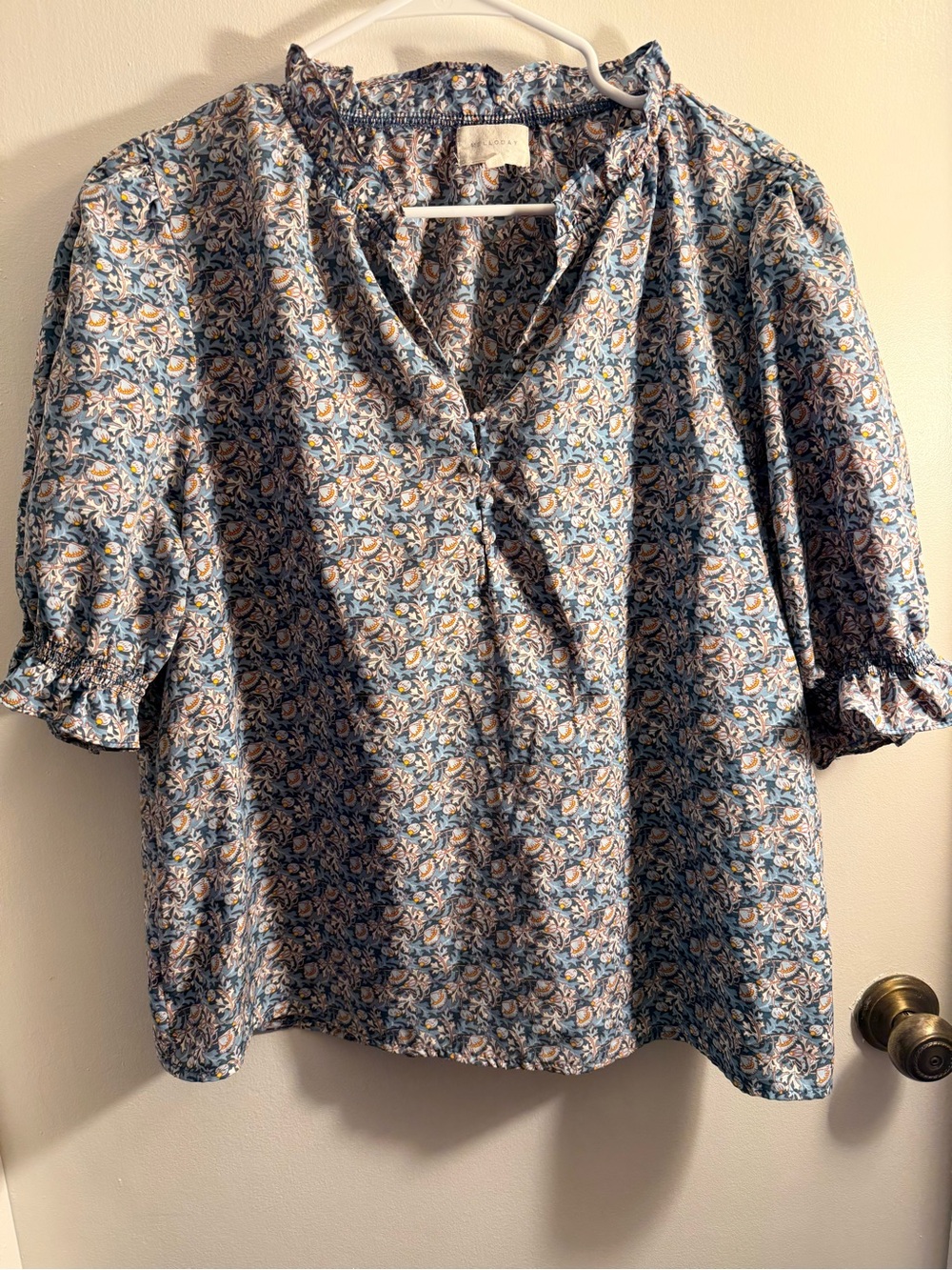 MELLODAY Blue Floral Ruffle-Neck Puff Sleeve Blouse
